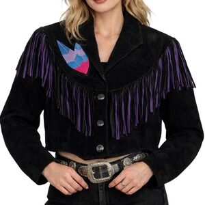 Vintage 80's‎ Adler Black Suede Western Fringe Feather Jacket Purple Black